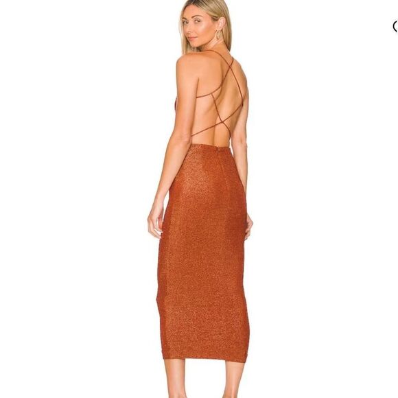 Misha Rebekah Womens 6 Metallic Midi Dress Copper Open Back Strappy V Neck NWT - Picture 2 of 10